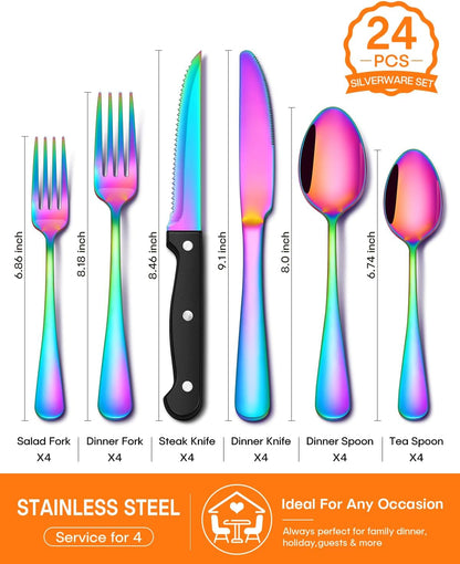 24 Piece Rainbow Silverware Set with Steak Knives Stainless Steel Flatware Set for 4 Cutlery Utensil Set Includes Knife Spoon and Fork Mirror Polished Dishwasher Safe for Home Restaurant2
