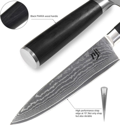 3-Piece VG-10 Damascus Kitchen Knife Set with Double-Sided Sharpening Stone – Nakiri, Chef & Paring Knives, 67-Layer Tsunami Wave Pattern, Black Pakka Wood Handles, 60±2 HRC (3-Piece-Set)8