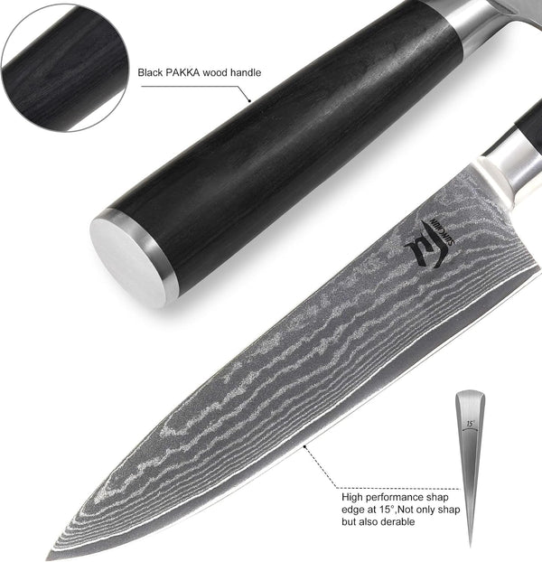 3-Piece VG-10 Damascus Kitchen Knife Set with Double-Sided Sharpening Stone – Nakiri, Chef & Paring Knives, 67-Layer Tsunami Wave Pattern, Black Pakka Wood Handles, 60±2 HRC (3-Piece-Set)8