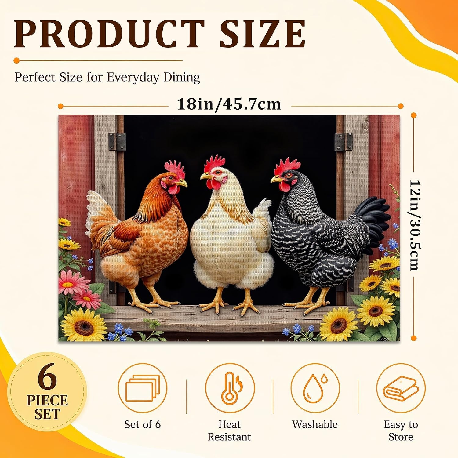 linen-placemats-set-of-6-farmhouse-chicken-sunflower-12-x-18-inch-dining-table-mats-washable-waterproof-stain-resistant-reusable-place-mats-for-kitchen-indoor-outdoor-home-party-decor