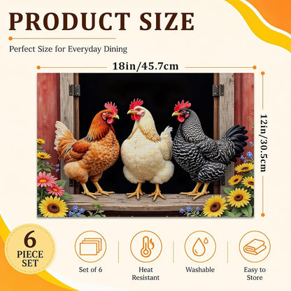 Linen Placemats Set of 6, Farmhouse Chicken Sunflower 12 X 18 Inch Dining Table Mats, Washable Waterproof Stain Resistant Reusable Place Mats for Kitchen, Indoor Outdoor, Home Party Decor2