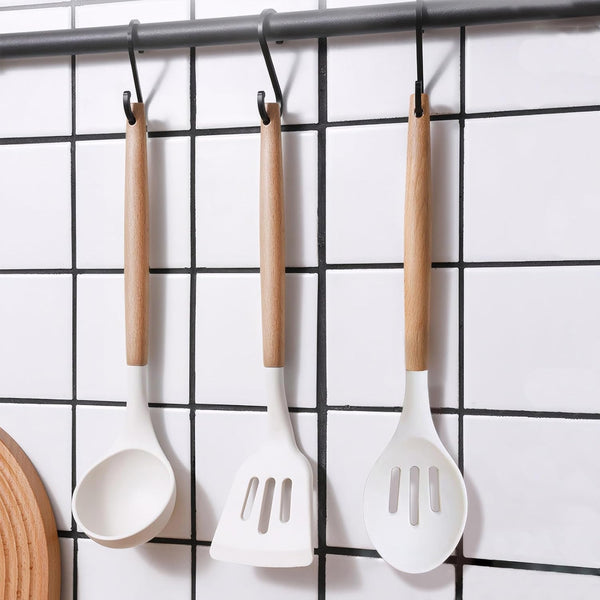 Kitchen Cooking Utensils Set 6Pcs Non-Stick Silicone Kitchen Utensils Spatula Spoon Turner Ladle Pasta Server, Heat Resistant Wooden Handle Silicone Cooking Gadgets Sets for Cookware & Baking8
