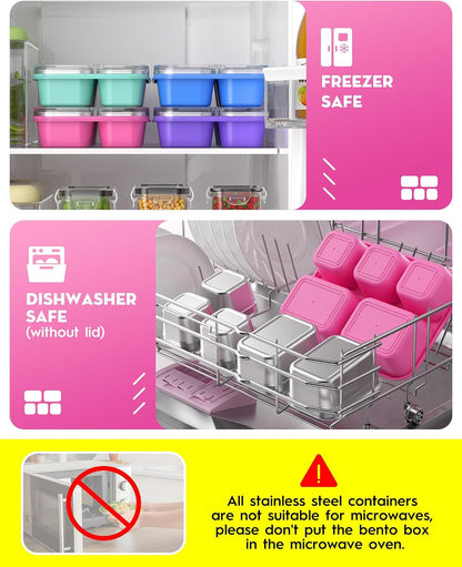 Snackle Box Containers, Stainless Steel 5 Compartments Divided Serving Tray with Lid, Removable Leakproof Portable Bento Box for Fruit Candy Nuts Food - School, Picnic and Travel（Pink）6