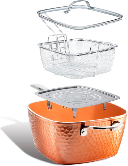 Nonstick Square Deep Frying Pan, 9.5” Large Cooking Pan with Ceramic Nonstick Coating, Deep Fryer Pot with Basket, 4 Pc Titanium Ceramic with Lid, Basket & Steamer Tray, Dishwasher Safe1