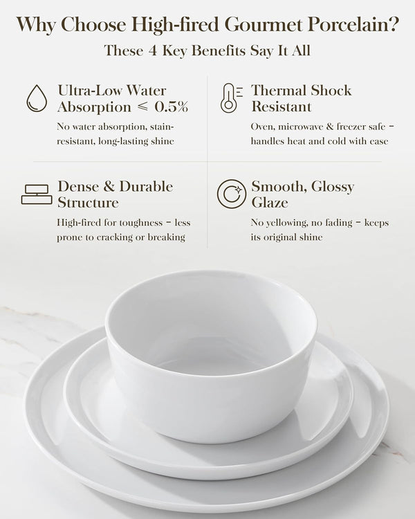 24-Piece Dinnerware Set for 6, White Porcelain Dishes6