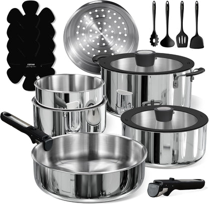 18Pcs Tri-Ply Stainless Steel Cookware Set with Detachable Handle | Pots and Pans Set, Even Heating, Non-Toxic, Induction Compatible, Dishwasher& Oven Safe, Space Saving, Camping Cooking, Black1