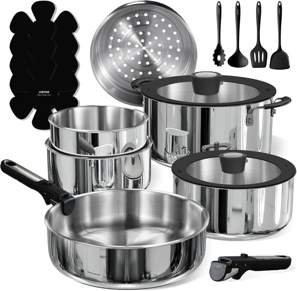 18Pcs Tri-Ply Stainless Steel Cookware Set with Detachable Handle | Pots and Pans Set, Even Heating, Non-Toxic, Induction Compatible, Dishwasher& Oven Safe, Space Saving, Camping Cooking, Black1