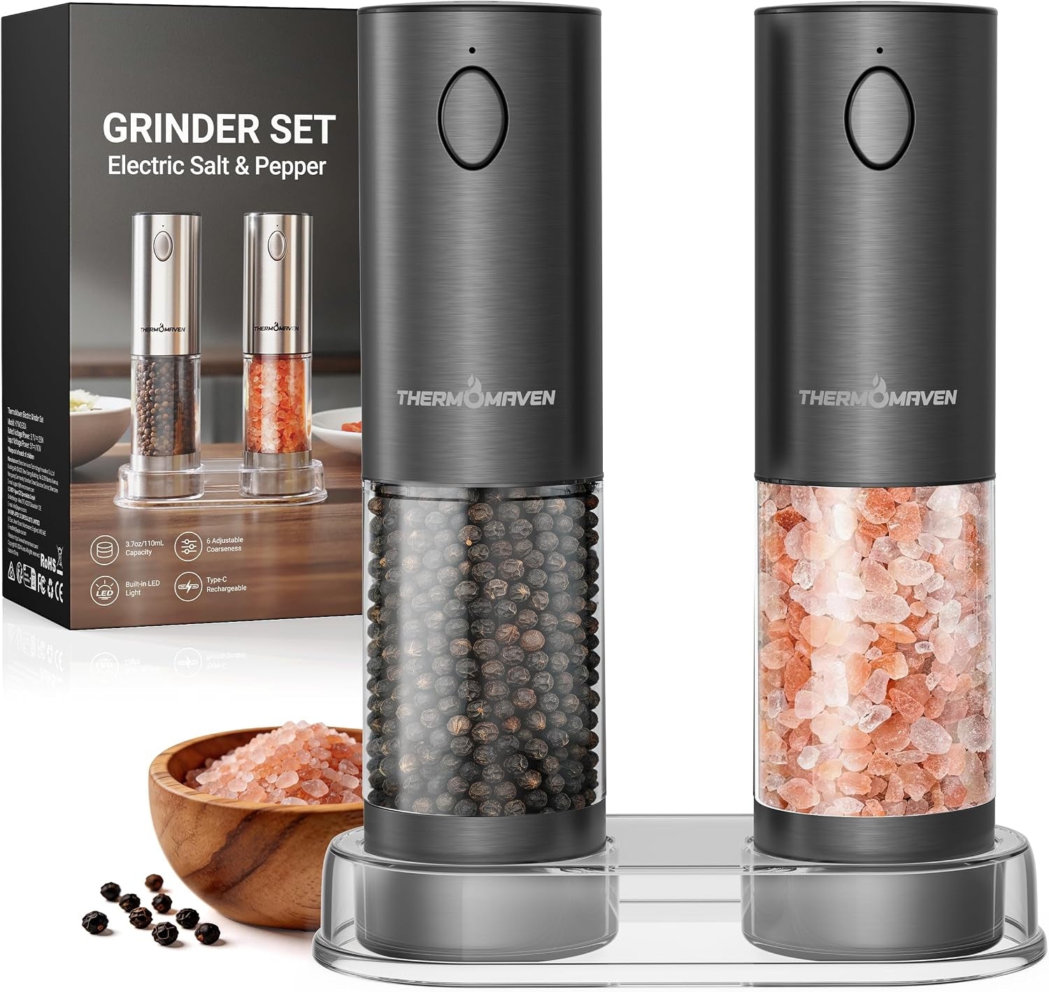 electric-salt-and-pepper-grinder-set-110ml-larger-rechargeable-automatic-salt-and-pepper-mill-grinder-with-6-adjustable-coarseness-electric-salt-and-pepper-shakers-led-gun-grey