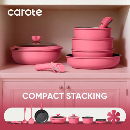 15Pcs Pots and Pans Set Non Stick, Cookware Set Detachable Handle | Induction Compatible, Dishwasher & Oven Safe, Space Saving, Camping Cooking Set, Kitchen Set, Pink4