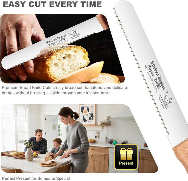 2-Pack Bread Knife & Bread Lame Set: 8" Premium Stainless Steel Serrated Knives Blade with Wood Handle for Homemade Bread, Sourdough Tomato, Bagel + Dough Scoring Tool for Razor Sharp Carving4