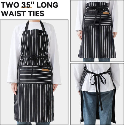 2 Pack Kitchen Cooking Aprons, Adjustable Bib Soft Chef Apron with 2 Pockets for Men Women(Black/Brown Stripes)5
