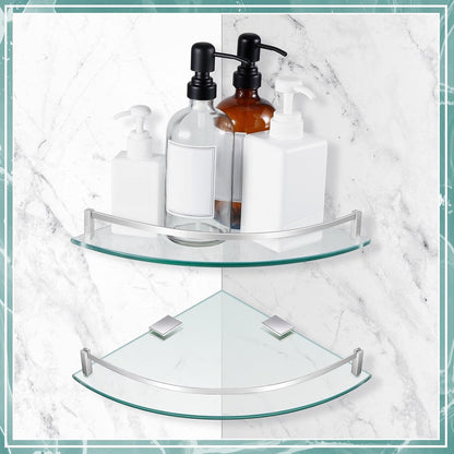 Glass 2 Pack Corner Shower Shelf, Bathroom Corner Shelves Wall Mounted with Tempered Glass and Rustproof Brackets, Floating Shower Organizer for Shampoo, Soap and Bath Accessories, 9.25 Inch7