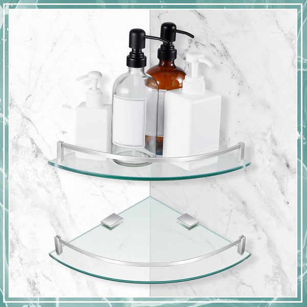 Glass 2 Pack Corner Shower Shelf, Bathroom Corner Shelves Wall Mounted with Tempered Glass and Rustproof Brackets, Floating Shower Organizer for Shampoo, Soap and Bath Accessories, 9.25 Inch7