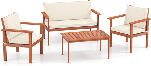 Wood Patio Furniture Set - 4-Piece Acacia Conversation Outdoor Furniture W/Chairs, Loveseat, Coffee Table, Back & Seat Cushions, Wooden Sectional Sofa Set for Porch Pool Garden Backyard (1)1