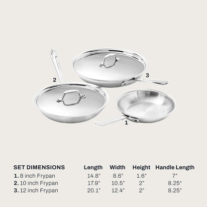 All-Clad D3® Stainless Steel 5 Piece Frypan Set- Made in USA- Includes 8", 10" and 12" Frying Pans with Lid - Professional Grade -Oven Safe & Induction Compatible2