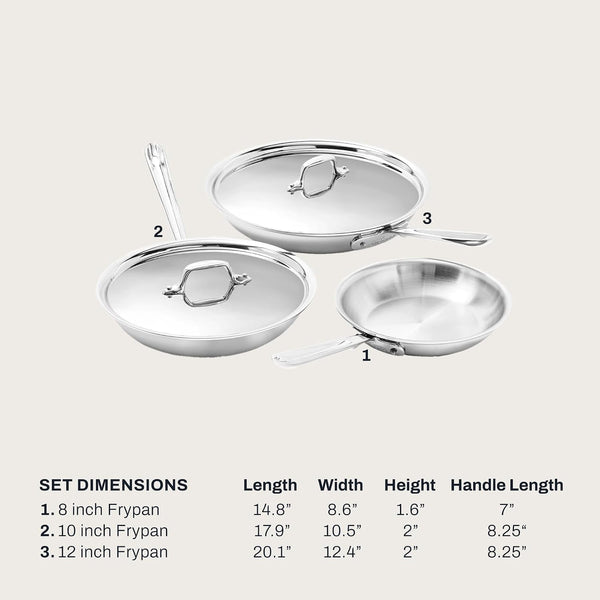 All-Clad D3® Stainless Steel 5 Piece Frypan Set- Made in USA- Includes 8", 10" and 12" Frying Pans with Lid - Professional Grade -Oven Safe & Induction Compatible2