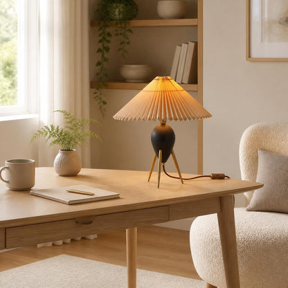 Japandi Zen Table Lamp, Black Solid Wood Tripod, Pleated Umbrella Shade2