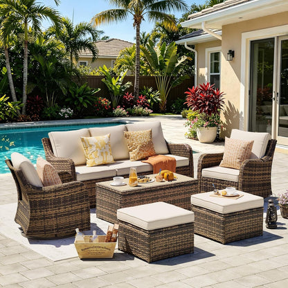 6 Pieces Patio Furniture Set with Swivel Chair, Outdoor Patio Conversation Set, Outdoor Wicker Sofa Couch with Waterproof Cushions for Lawn Backyard Porch (Brown)1