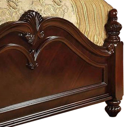 Traditional Style Eastern King Wooden Bed with Floral Carvings, Brown4