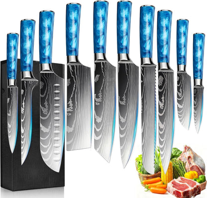 10-Piece Premium Japanese Kitchen Knife Set - Star Collection, Laser Damascus Pattern, 440A Stainless Steel Ultra Sharp for Fast Cutting (Blue)1