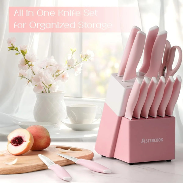 Knife Set, Kitchen Knives Set with Block and Sharpener 15 Pcs German Stainless Steel Knives Sharp Blade Dishwasher Safe Deba Knives with Ergonomic Handle, Crystal Pink3