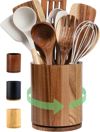 Acacia Wood Utensil Holder, 360° Rotating 7.3 in Kitchen Organizer | Rustic Farmhouse Countertop Decor. Rotating Base for Easy Access to Spatulas, Spoons, and Cooking Utensils. 7.3-Inch Capacity1