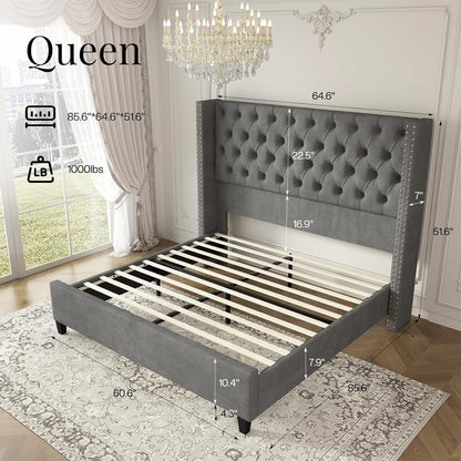 Queen Size Bed Frame Velvet Upholstered Platform Bed with 51.6" Tall Wingback Headboard Deep Button Tufted, No Box Spring Needed, Light Grey2