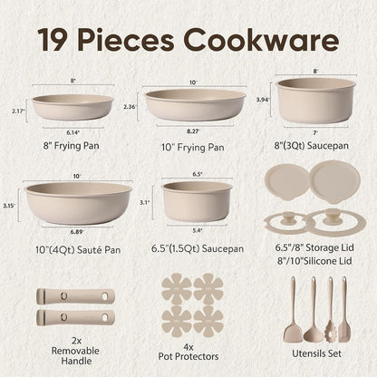 19Pcs Pots and Pans Set Non Stick, Detachable Handle Cookware Sets | Ultra Nonstick, Space Saving, Dishwasher & Oven Safe, Non-Toxic Kitchen/Apartment/Camping/Rv/ Traveling, Taupe2
