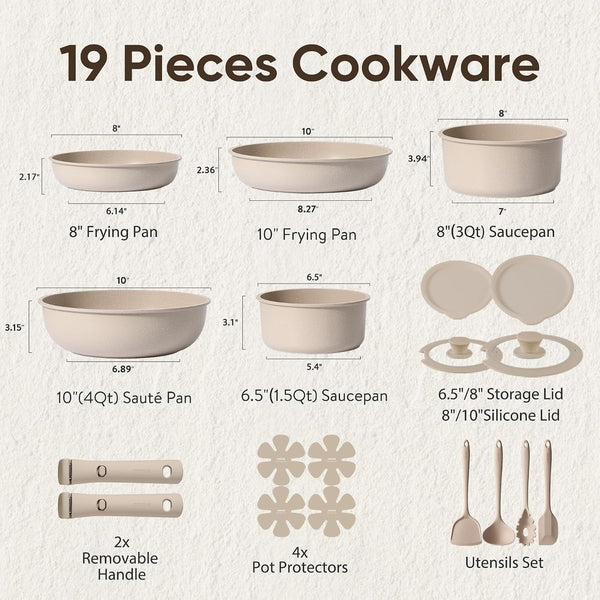19Pcs Pots and Pans Set Non Stick, Detachable Handle Cookware Sets | Ultra Nonstick, Space Saving, Dishwasher & Oven Safe, Non-Toxic Kitchen/Apartment/Camping/Rv/ Traveling, Taupe2