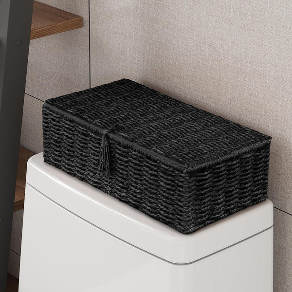 Wicker Shelf Baskets with Lid, Set of 2 Handwoven Wicker Storage Baskets for Shelves, Rectangular Storage Bins with Lids, Decorative Storage Boxes, Small Wicker Baskets for Organizing, Black8