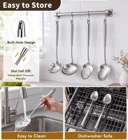 4 Pcs Stainless Steel Cooking Spoons Set, 304 Solid & Slotted Metal Serving Spoons, Pasta Fork, Large Soup Ladle, High Heat Resistant Kitchen Cooking Utensils for Mixing, Stirring, Dishwasher Safe6