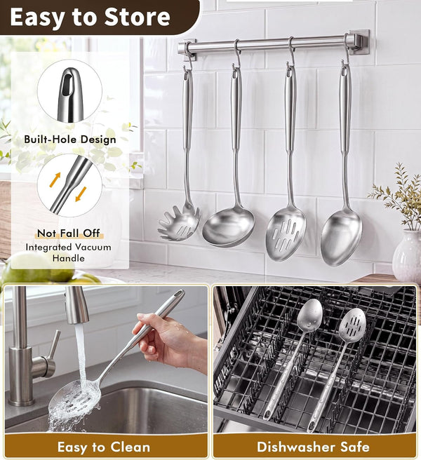 4 Pcs Stainless Steel Cooking Spoons Set, 304 Solid & Slotted Metal Serving Spoons, Pasta Fork, Large Soup Ladle, High Heat Resistant Kitchen Cooking Utensils for Mixing, Stirring, Dishwasher Safe6