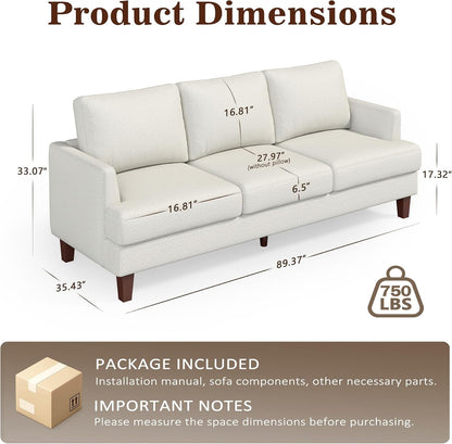 Mid Century Modern 89" 3-Seater Couch for Living Room, Beige2