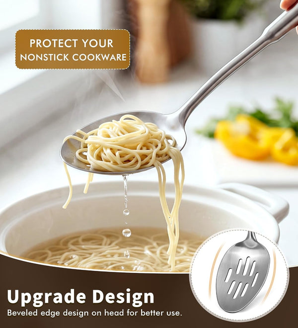 4 Pcs Stainless Steel Cooking Spoons Set, 304 Solid & Slotted Metal Serving Spoons, Pasta Fork, Large Soup Ladle, High Heat Resistant Kitchen Cooking Utensils for Mixing, Stirring, Dishwasher Safe3