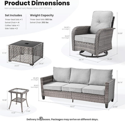 8 Pieces Patio Furniture Set, Outdoor Wicker Sofa Couch with Swivel Glider Chairs Solar Lights Table, Modern Deep Seat Rattan Conversation Sets for Deck Porch, Dark Grey9