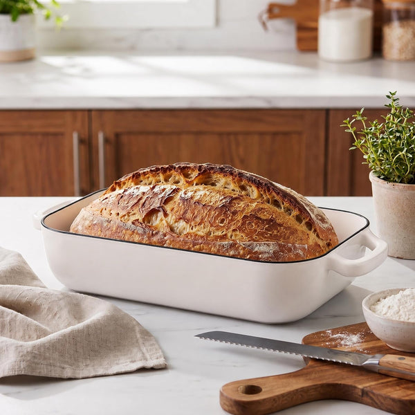 Large Cast Iron Dutch Oven Dome Pot with Lid, Enameled Bread Oven, Bread Pan for Homemade Sourdough Bread Baking, 6QT, White4