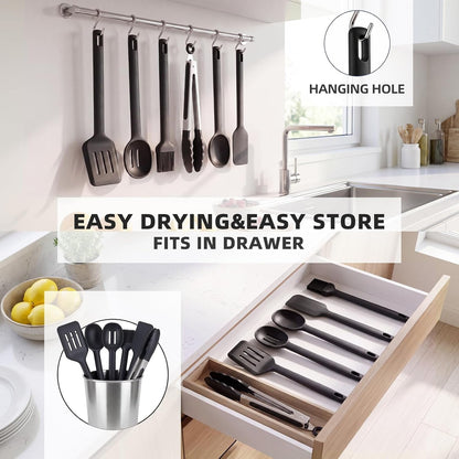 Kitchen Utensils Set 6 Pcs,Silicone Cooking Utensils Set,Spatula Set,446℉ Heat Resistant Cooking Utensils,Tongs,Spoon,Bpa Free Kitchen Gadgets Appliances for Non-Stick Cookware,Home Essential(Black)7