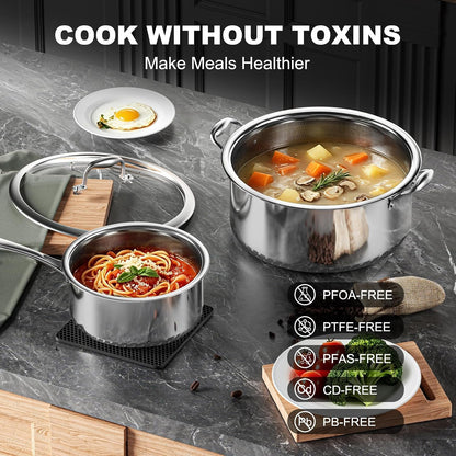 Hybrid Nonstick 8-Pc Stainless Steel Cookware Set,Pots and Pans Set | with 2 Silicone Trivets, 2/3/8-Qt Pots, Etched Surface&Stay-Cool Handles Dishwasher&Oven-Safe, Compatible with All Cooktops4
