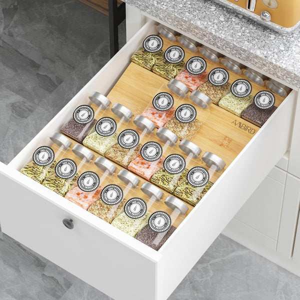 Bamboo Spice Drawer Organizer with Non-Slip Mat,4 Tier Jar Spice Rack Tray 9.5'',Seasoning Organizer for Kitchen,Cabinet,Drawers,Countertop1