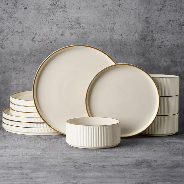 Plates and Bowls Set with Rim, Stoneware Dinnerware Sets for 41