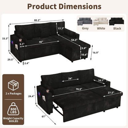 3 in 1 Pull Out Couch, Corduroy L Shaped Couch Sleeper Sofa Bed, Black3