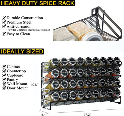 Spice Rack Organizer with 36 Spice Jars, 386 Spice Labels, Chalk Marker and Funnel Set for Cabinet, Countertop, Pantry, Cupboard or Door & Wall Mount - 36 Jars, 17.2" W × 10.8" H, Black4
