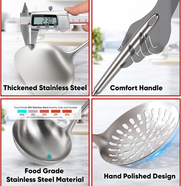 Newness 9 Pcs Cooking Utensils Set, 304 Stainless Steel Kitchen Utensils Set, Metal Kitchen Accessories, Include Soup Ladle, Slotted Skimmer Spoon, Spaghetti Spoon and Spatula, Dishwasher Safe3