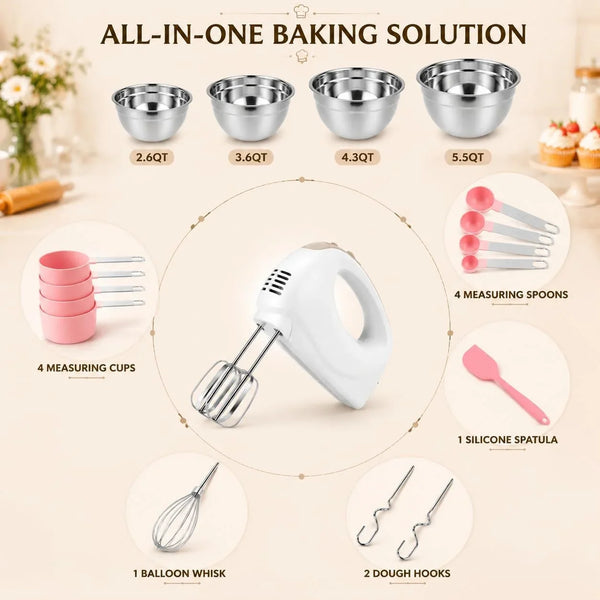 Electric Hand Mixer with 5 Stainless Steel Whisks,5 Speed,White | Portable Kitchen Mixer Electric Whisk with 4 Stainless Steel Mixing Bowls, Measuring Cups, Spoons & Silicone Spatula6