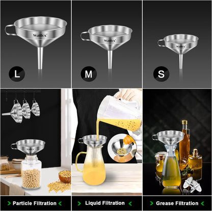 Stainless Steel Funnel,  3 Pack Kitchen Funnel with 2 Removable Strainer ＆ 1Pcs Cleaning Brush, Perfect for Transferring of Liquid, Oils, Jam, Dry Ingredients & Powder2