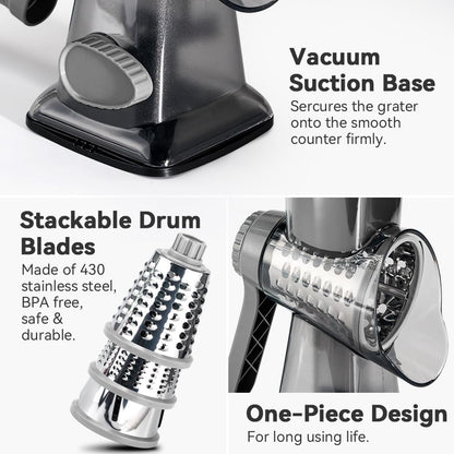 Cheese Grater Hand Crank Rotary Vegetables Shredder with Handle | 3-In-1 Graters, Interchangeable Blades, Non-Slip Base, Multifunctional Slicer6