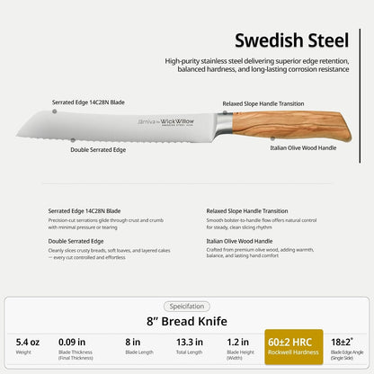 8” Double Serrated Bread Knife – Swedish Steel, Olive Wood5