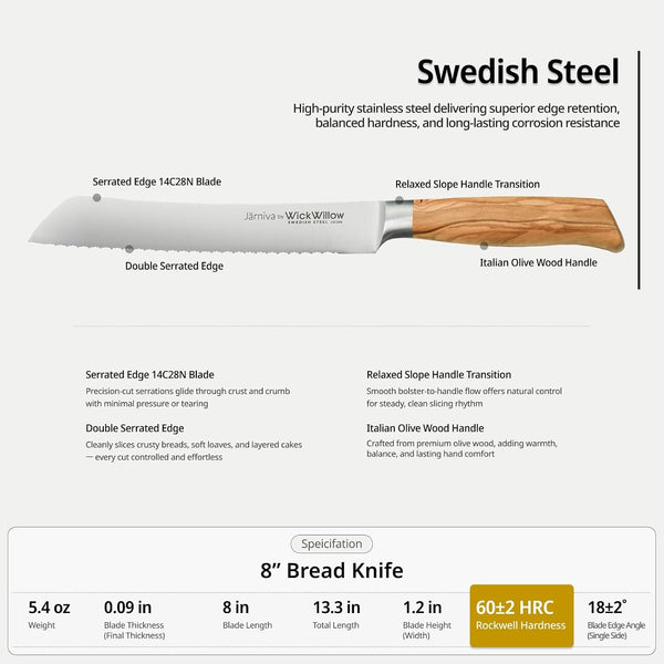 8” Double Serrated Bread Knife – Swedish Steel, Olive Wood5