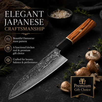 8 Inch Damascus Chef Knife | 67 Layer VG10 Japanese Kitchen Knife | Razor Sharp High Carbon Steel Blade | Octagonal Ebony Wood Handle | Professional Cooking Knife for Meat Vegetables Fish8