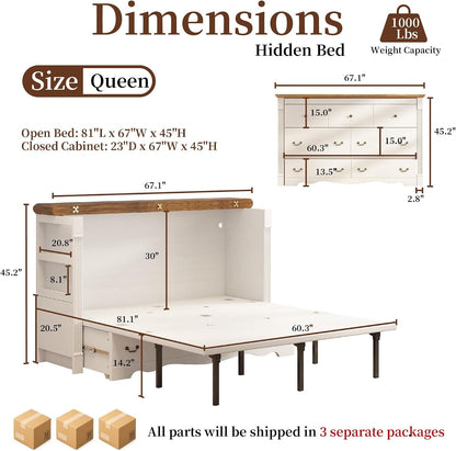 Queen Murphy Cabinet Bed with Desk, Shelves and Charging Station, White2